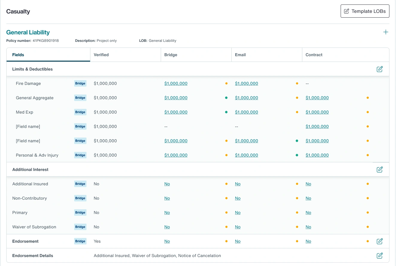 Service Request revision · General Liability coverage and source comparison.