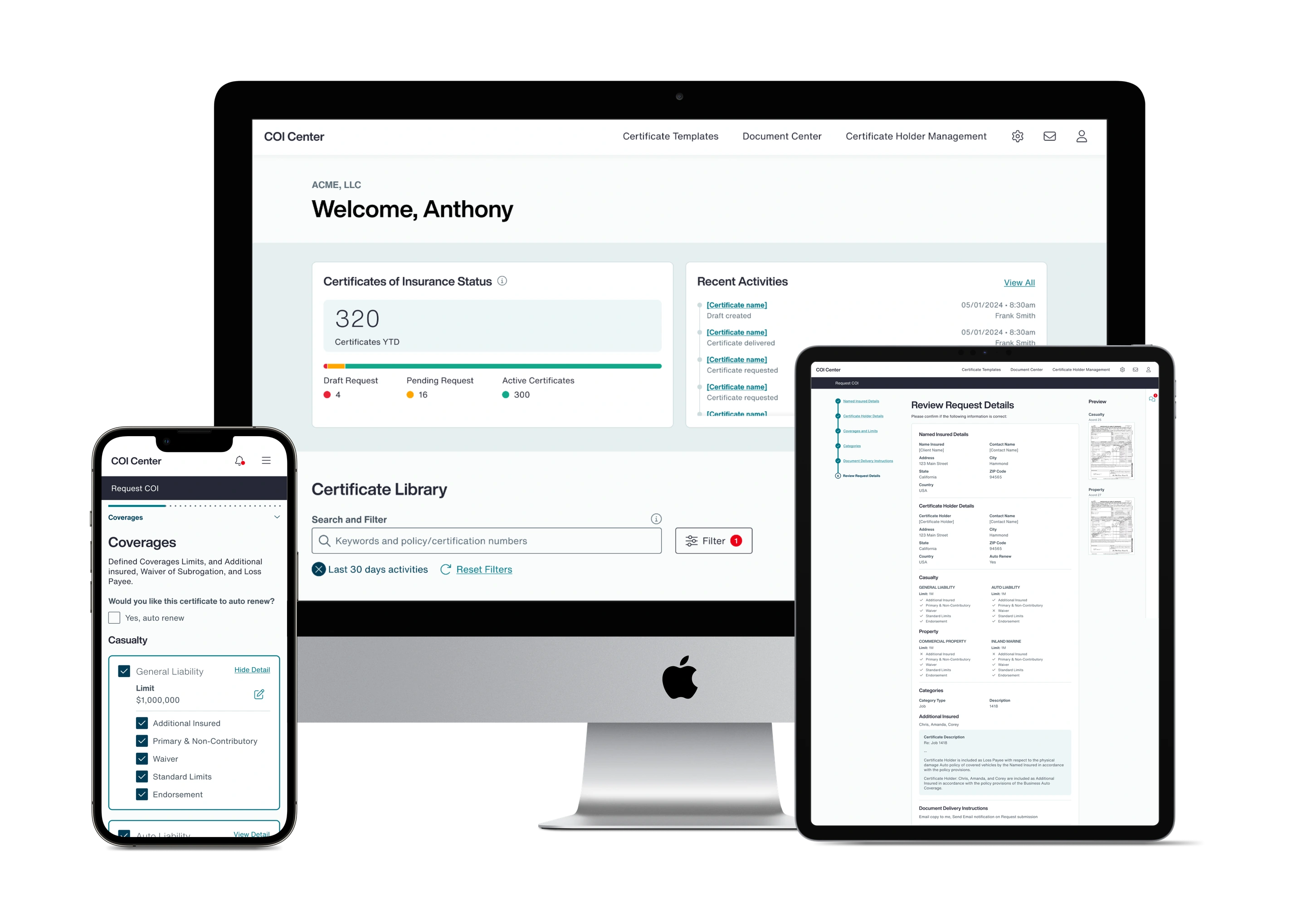 Certificate Center across desktop, tablet and mobile, showing the certificate library, coverage selection and request review