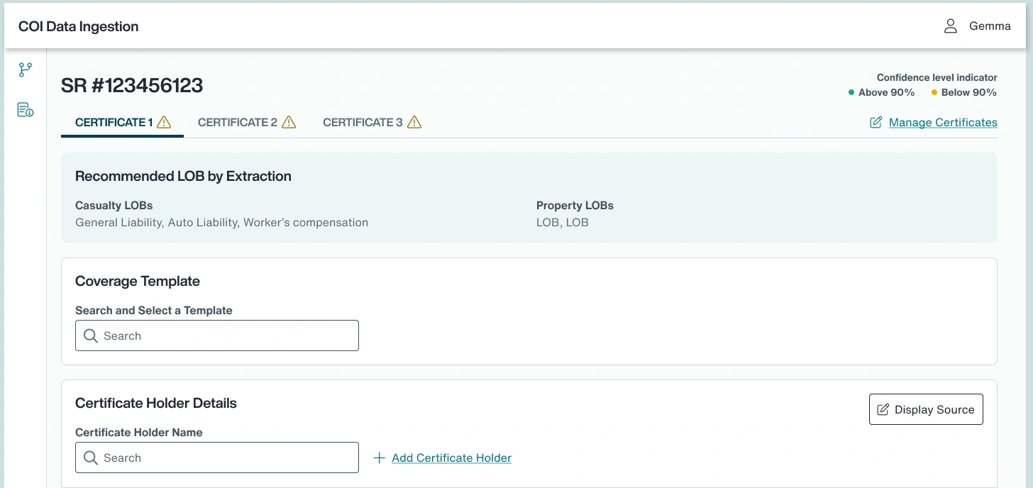 Service Request · Request identity, certificate tabs and preparation fields.