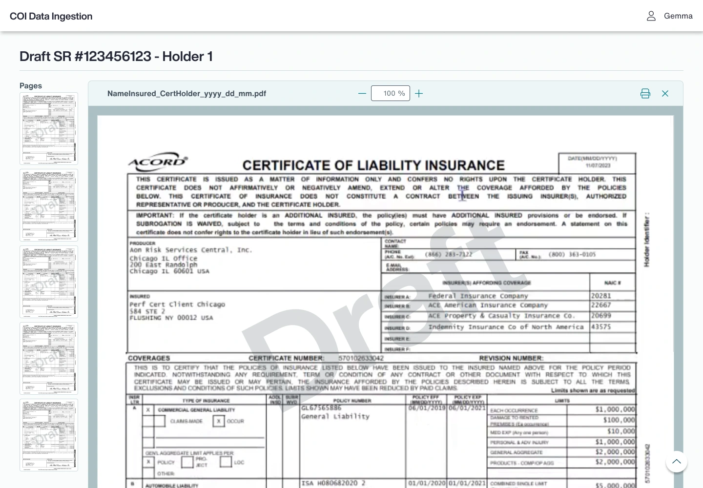 Draft preview · A document-level view of the certificate before completion.