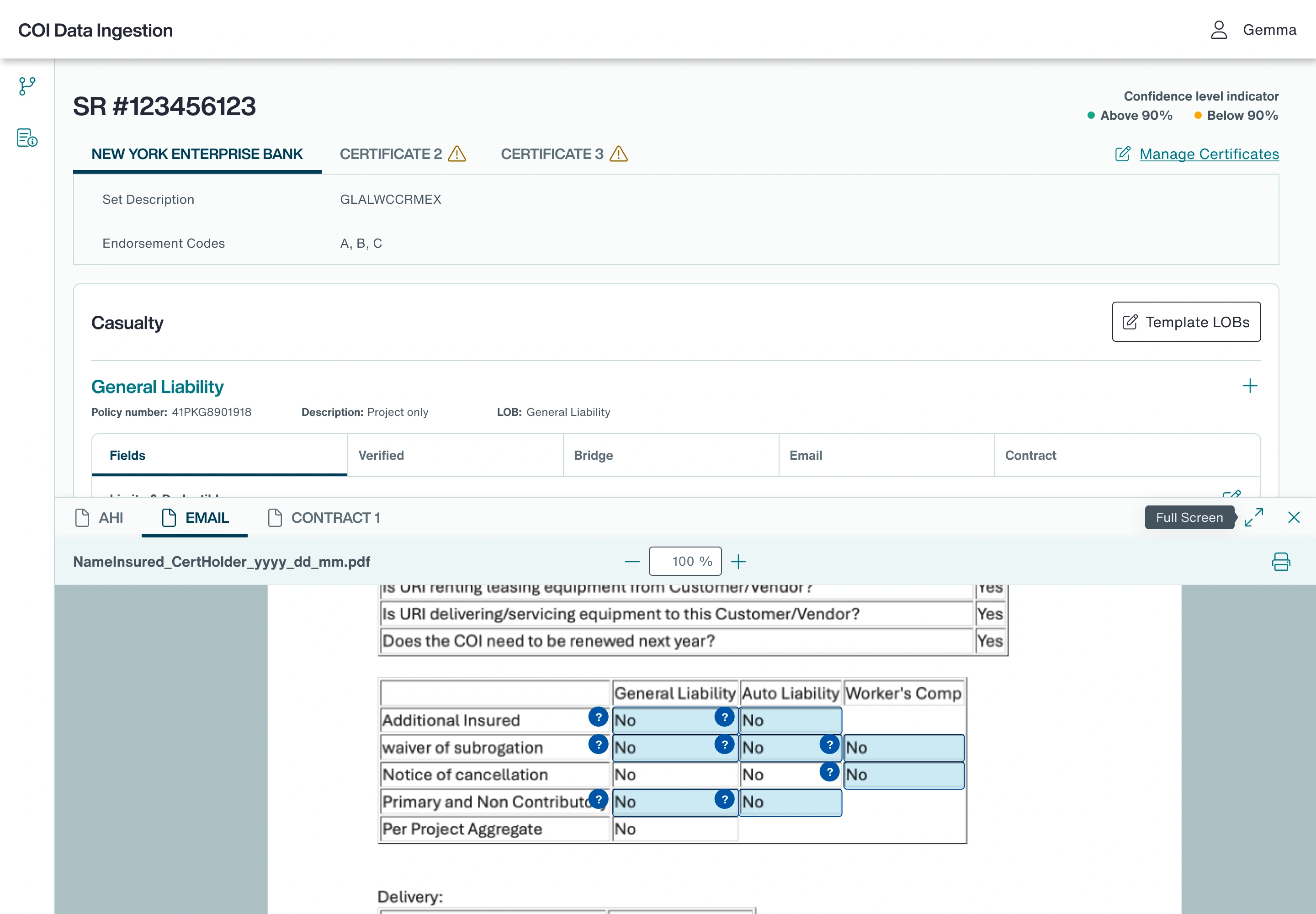 Source inspection · The supporting document opens within the Service Request.