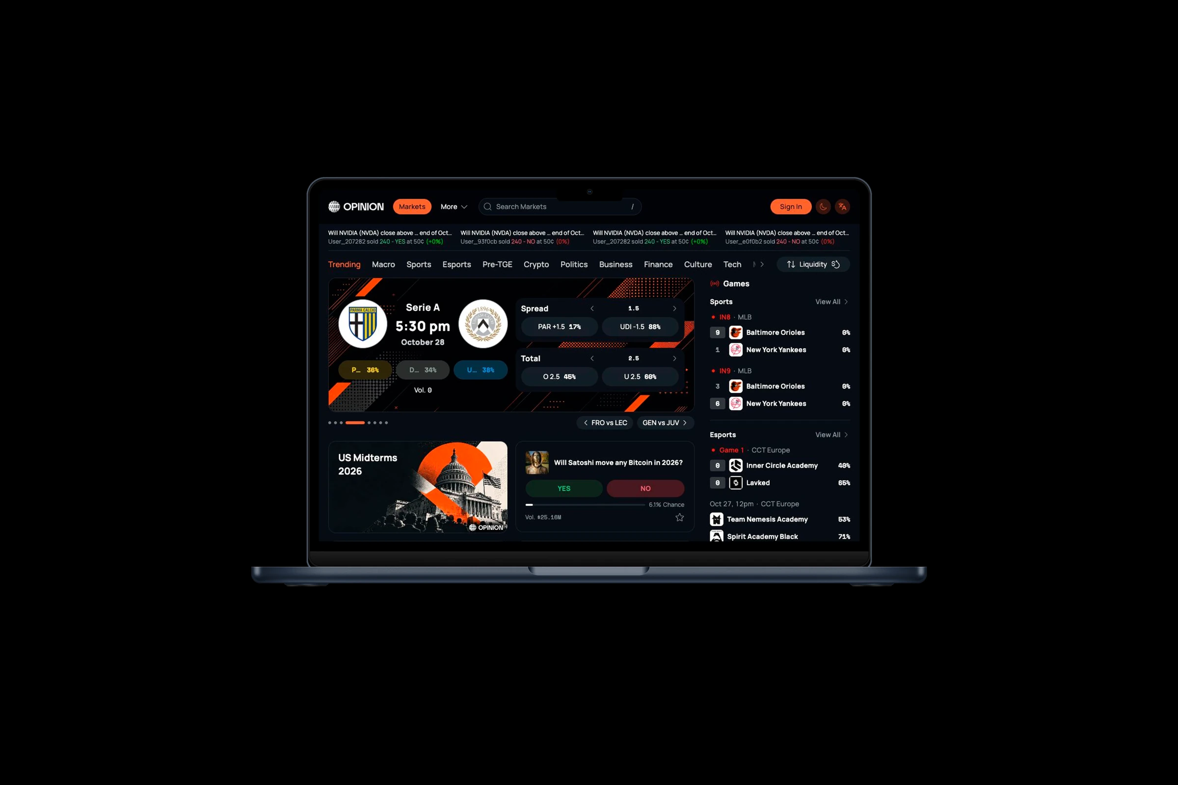 Opinion market discovery interface displayed on a laptop against a black background